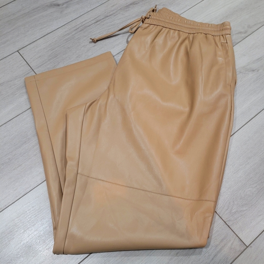 Yesta Women's Wide Leg High Waist Drawstring Vegan Leather Pants 16 Camel NEW